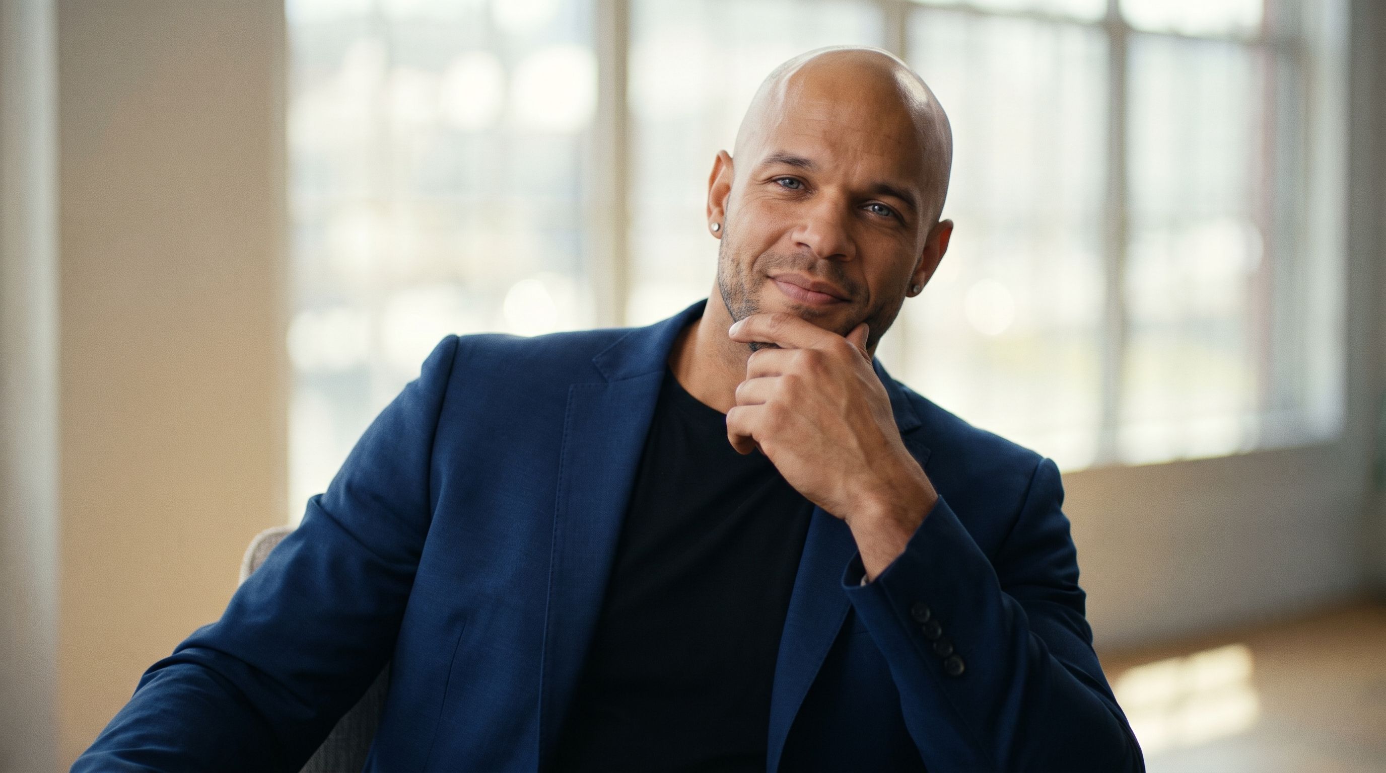 JT Taylor MS, MBA, founder of Notebook of a COO and operations executive, seated in a navy blazer by a bright window