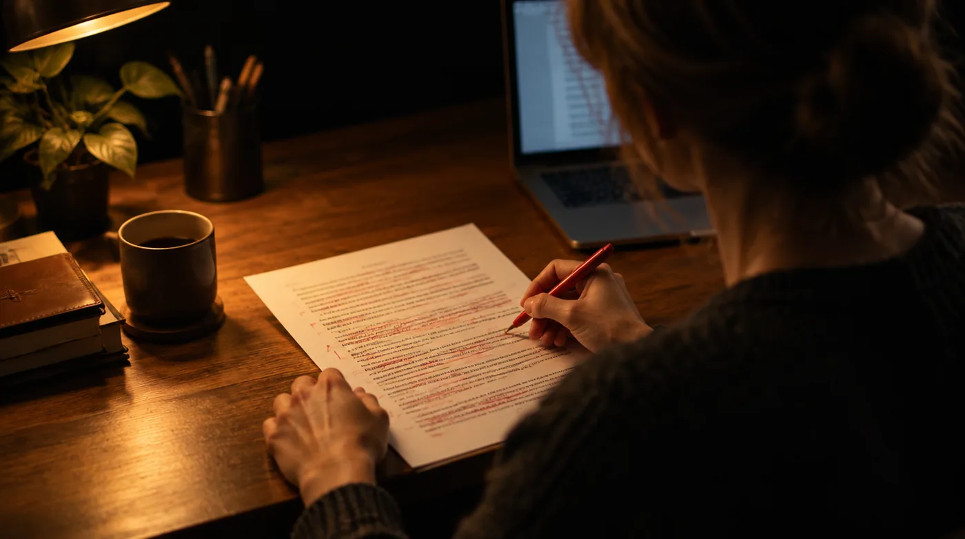A business owner at a desk marking up a page of AI written copy with a red pen