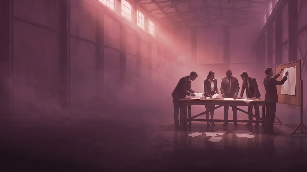 A team working around a table in a rose lit hall